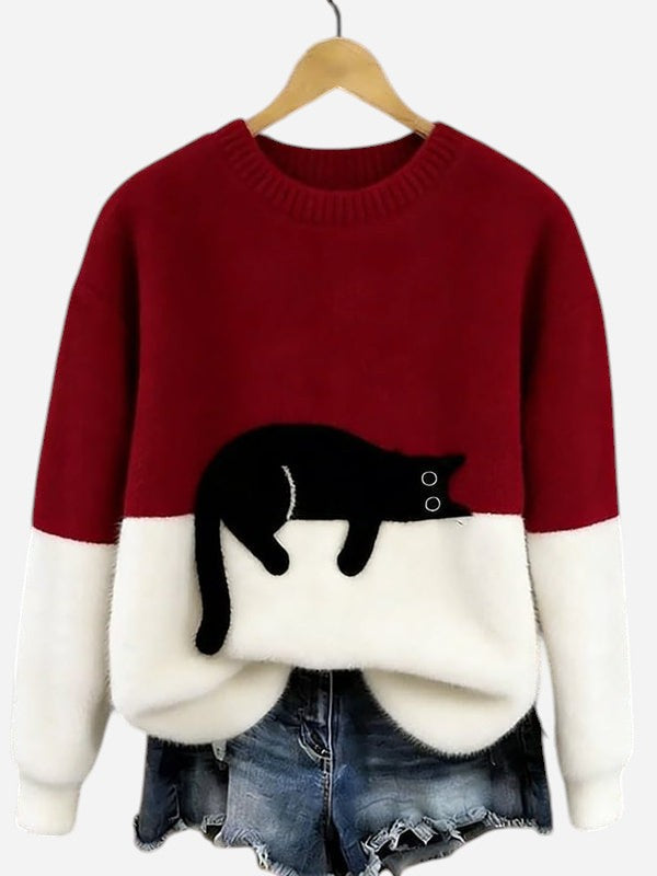 Oversized Knit Sweater with Crew Neck and Cat Detail for Women