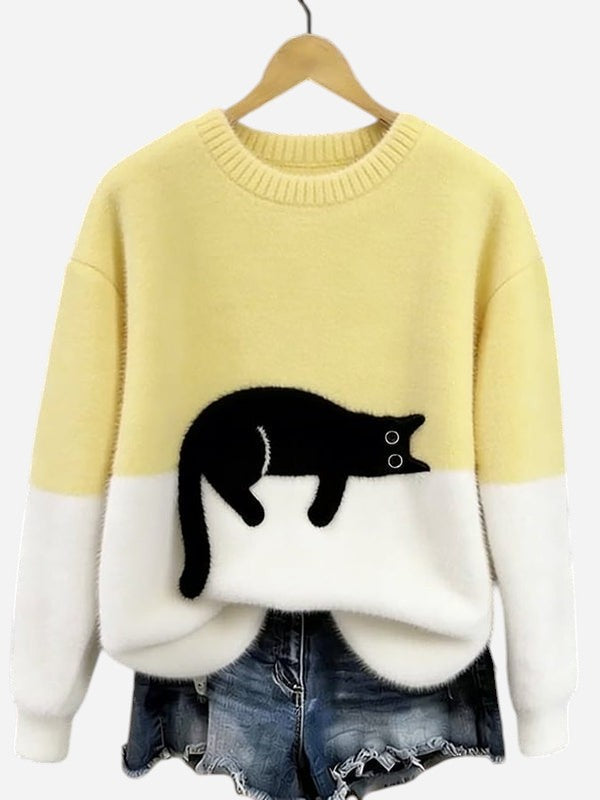 Oversized Knit Sweater with Crew Neck and Cat Detail for Women