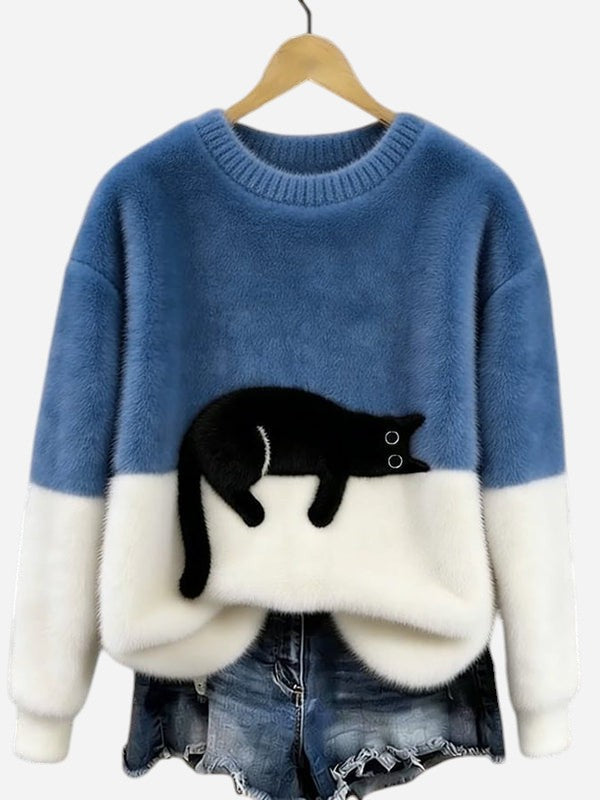 Oversized Knit Sweater with Crew Neck and Cat Detail for Women