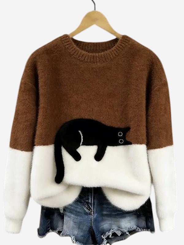 Oversized Knit Sweater with Crew Neck and Cat Detail for Women