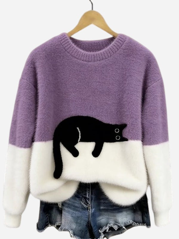 Oversized Knit Sweater with Crew Neck and Cat Detail for Women