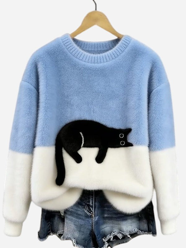 Oversized Knit Sweater with Crew Neck and Cat Detail for Women