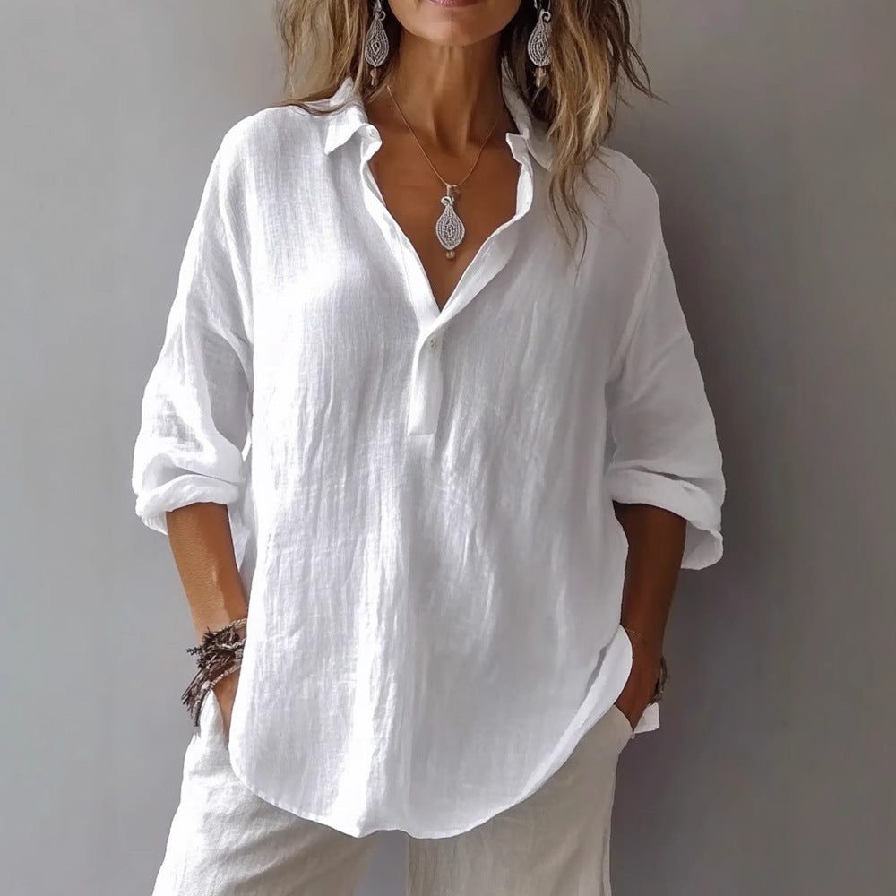 Oversized Linen Button-Down Shirt for Women - White