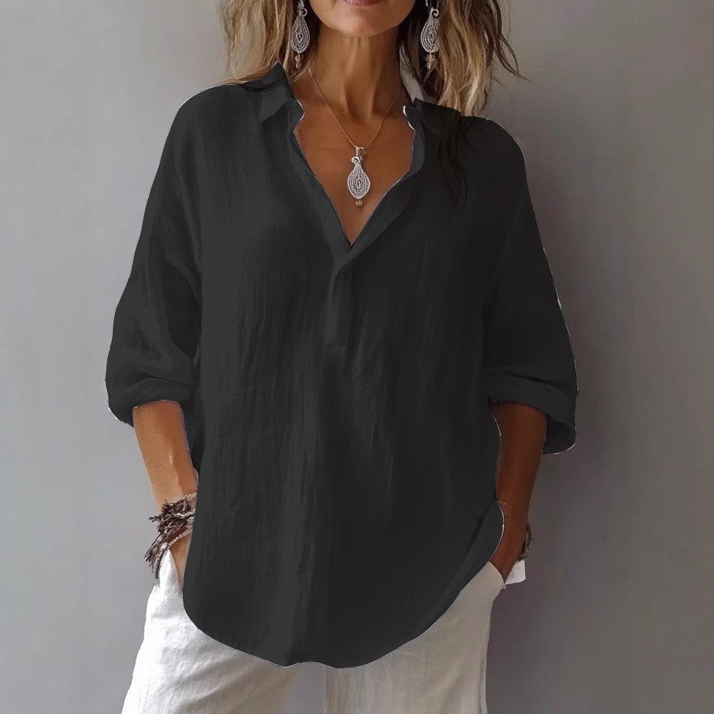 Oversized Linen Button-Down Shirt for Women - Black
