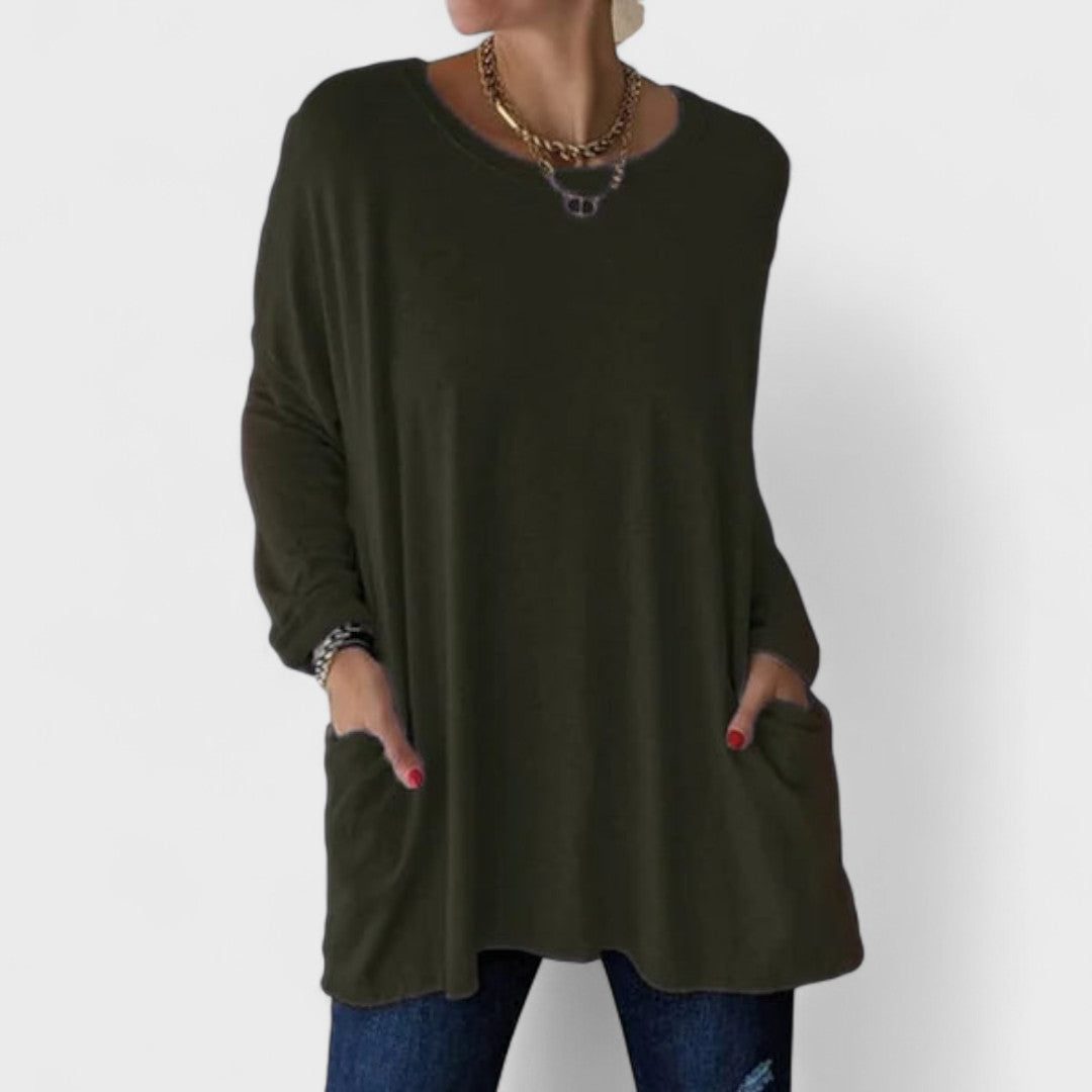 Oversized Long Sleeve Tunic with Pockets for Women - Army Green