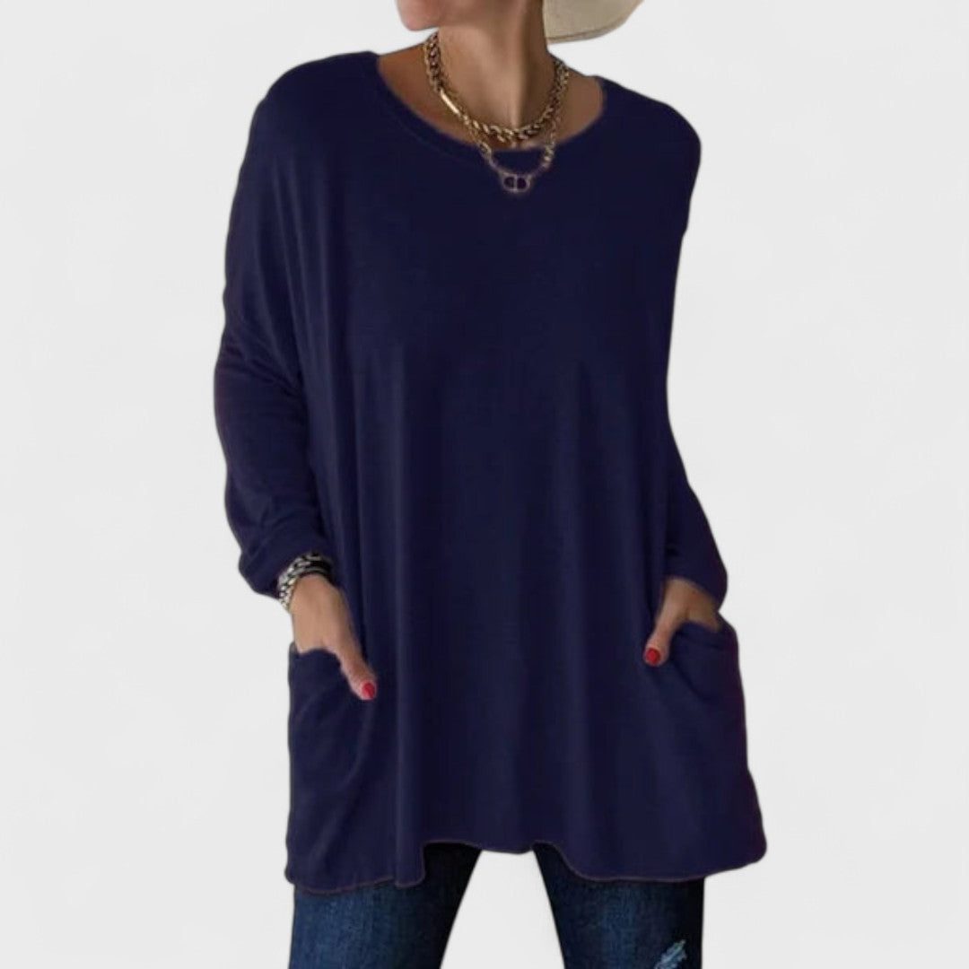 Oversized Long Sleeve Tunic with Pockets for Women - Dark Blue