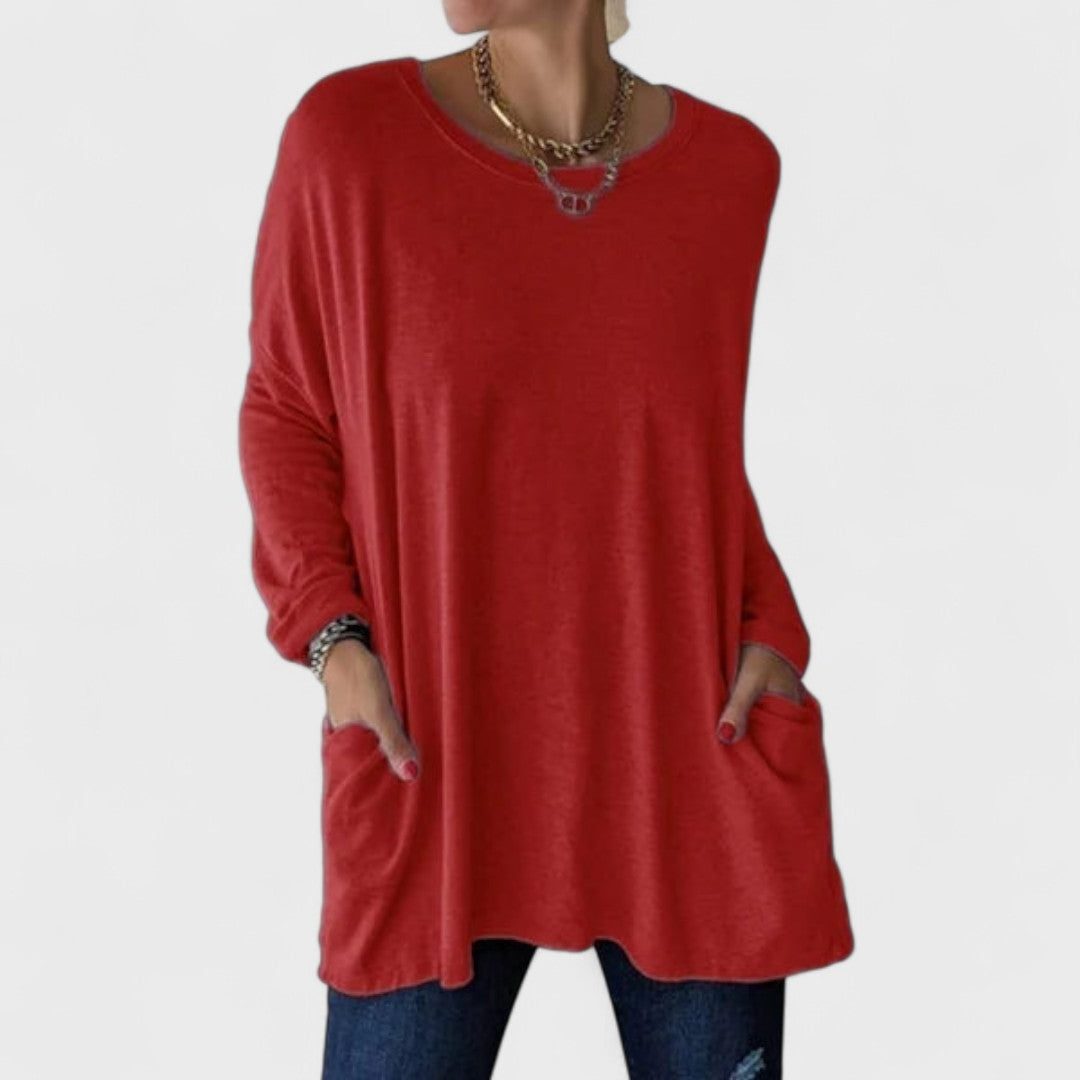 Oversized Long Sleeve Tunic with Pockets for Women - Red