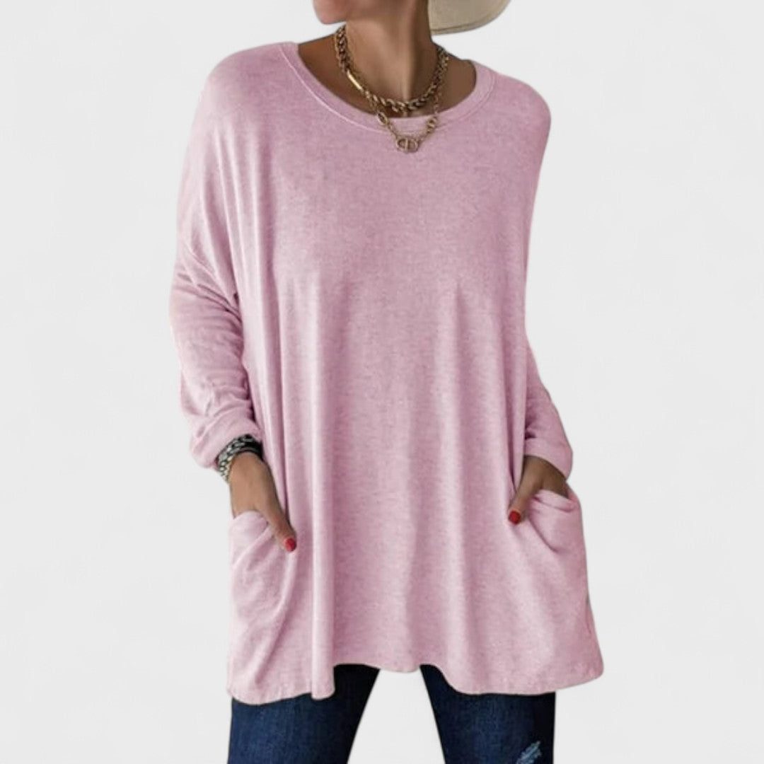 Oversized Long Sleeve Tunic with Pockets for Women - Pink