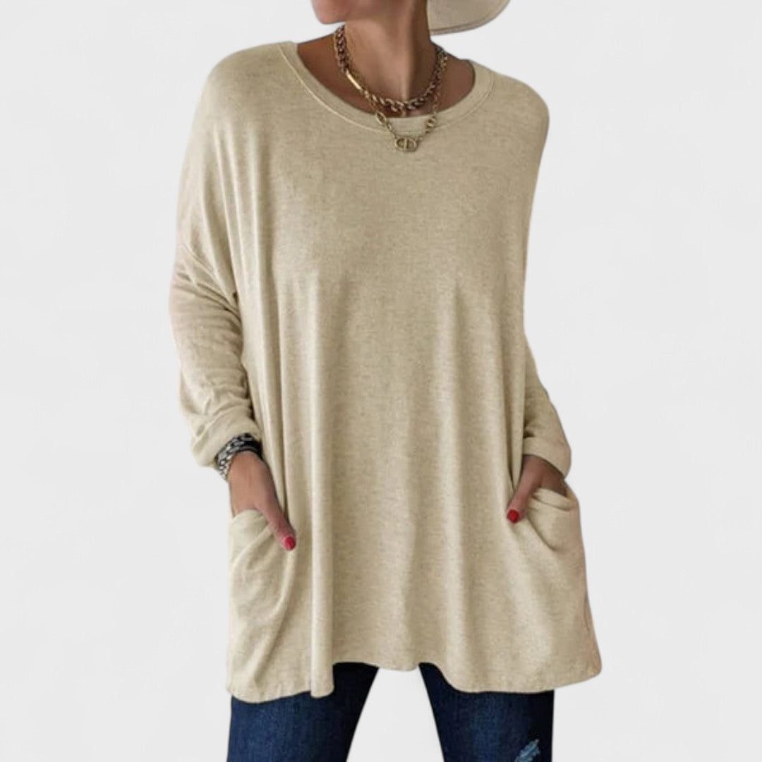 Oversized Long Sleeve Tunic with Pockets for Women - Khaki