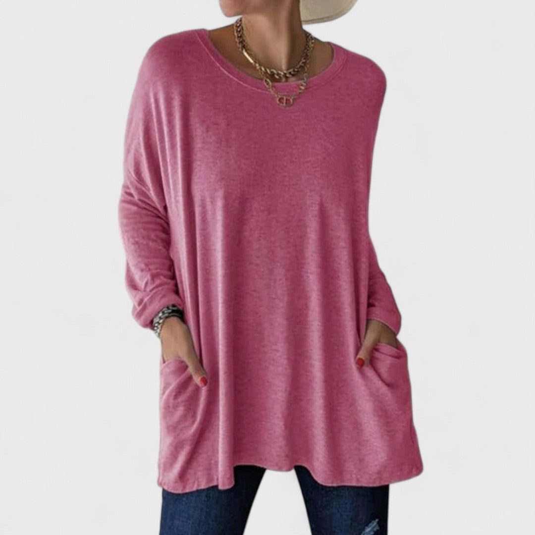 Oversized Long Sleeve Tunic with Pockets for Women - Dark Pink