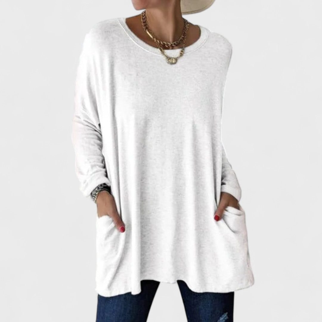 Oversized Long Sleeve Tunic with Pockets for Women - White