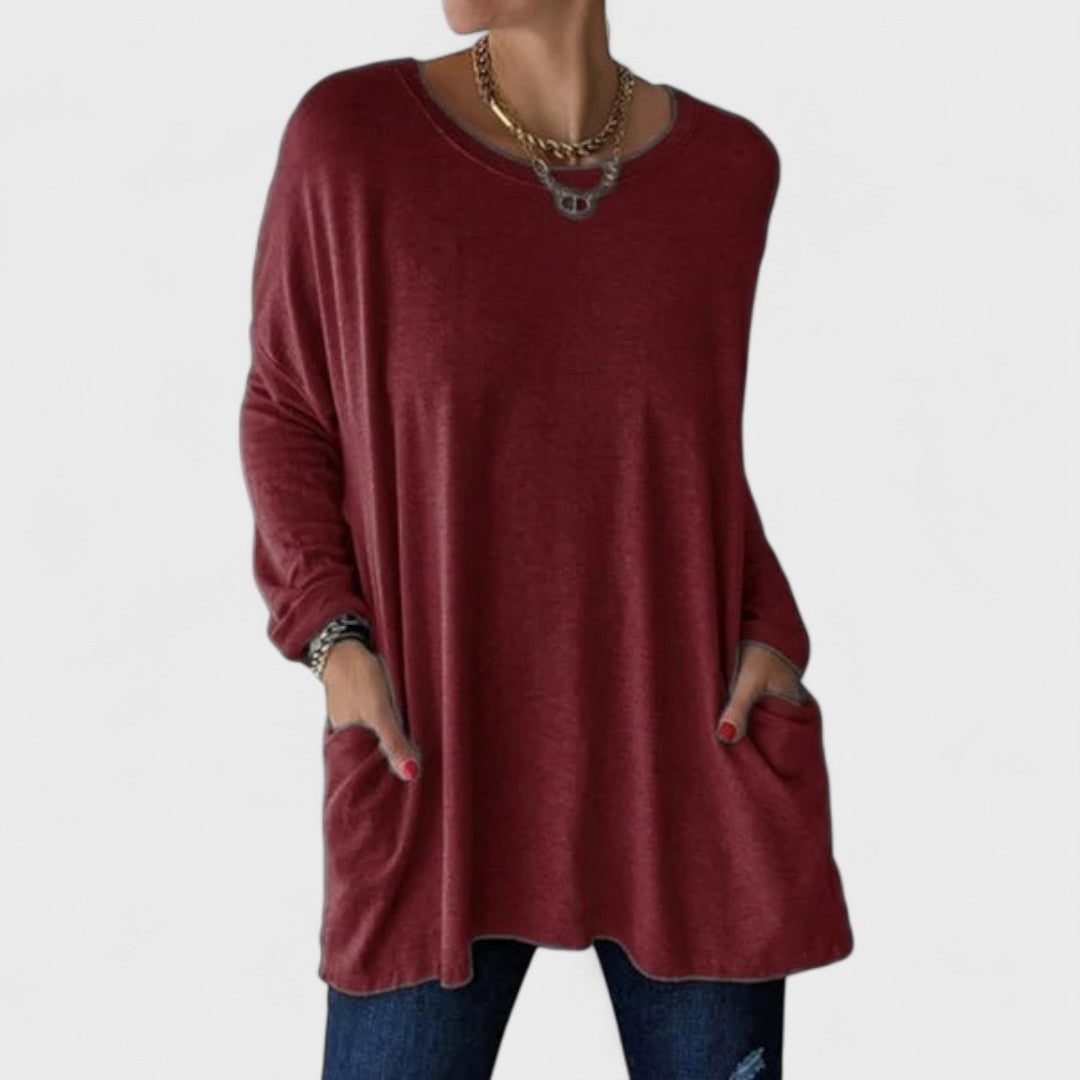 Oversized Long Sleeve Tunic with Pockets for Women - Dark Red