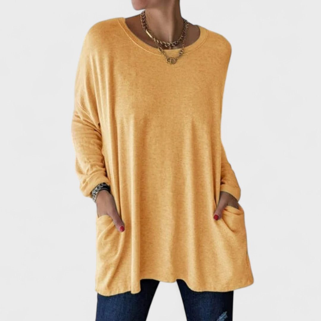 Oversized Long Sleeve Tunic with Pockets for Women - Yellow