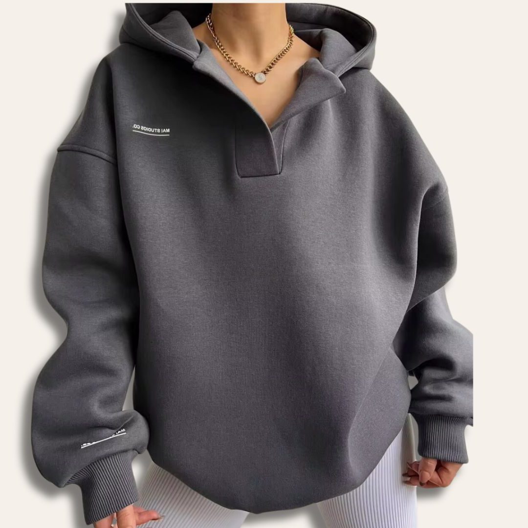 Oversized Notch Neck Pullover Hoodie for Women - Gray