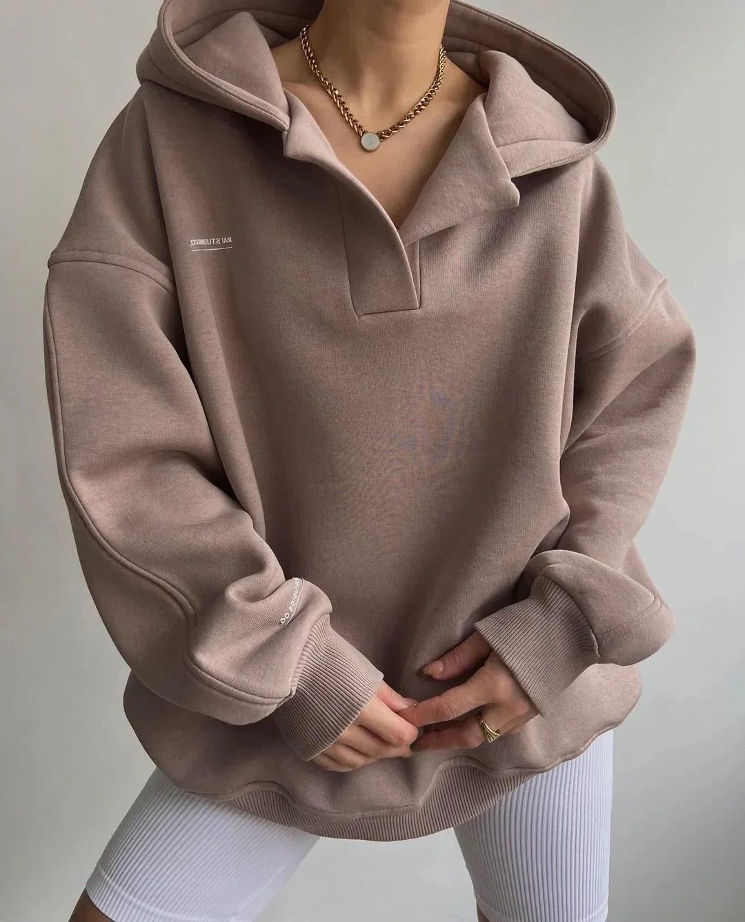 Oversized Notch Neck Pullover Hoodie for Women - Pinkish Grey