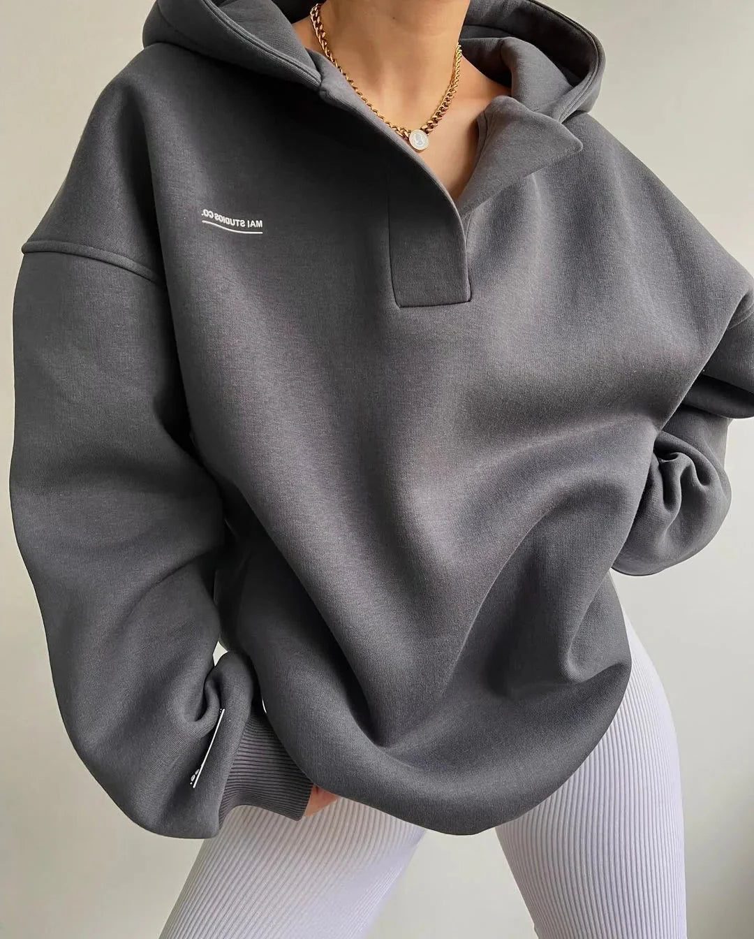 Oversized Notch Neck Pullover Hoodie for Women - View 4