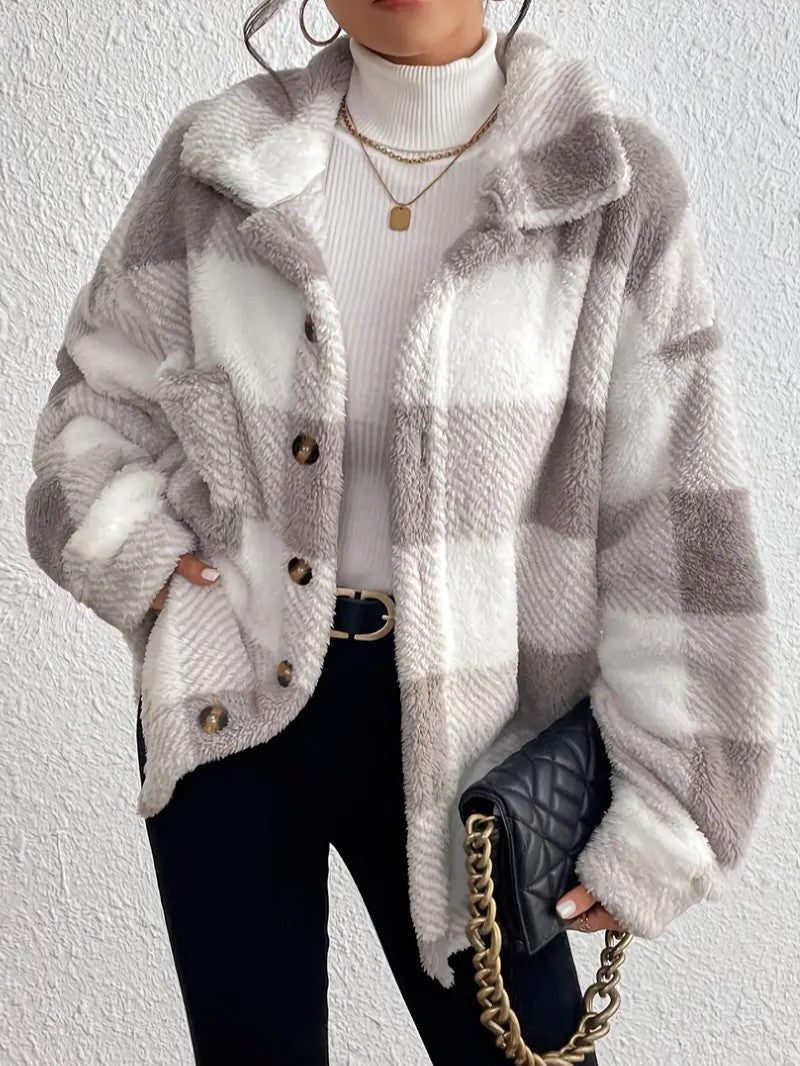 Oversized Plaid Button-Up Jacket for Women