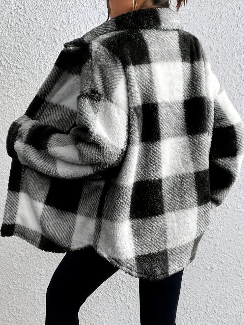 Oversized Plaid Button-Up Jacket for Women - View 7