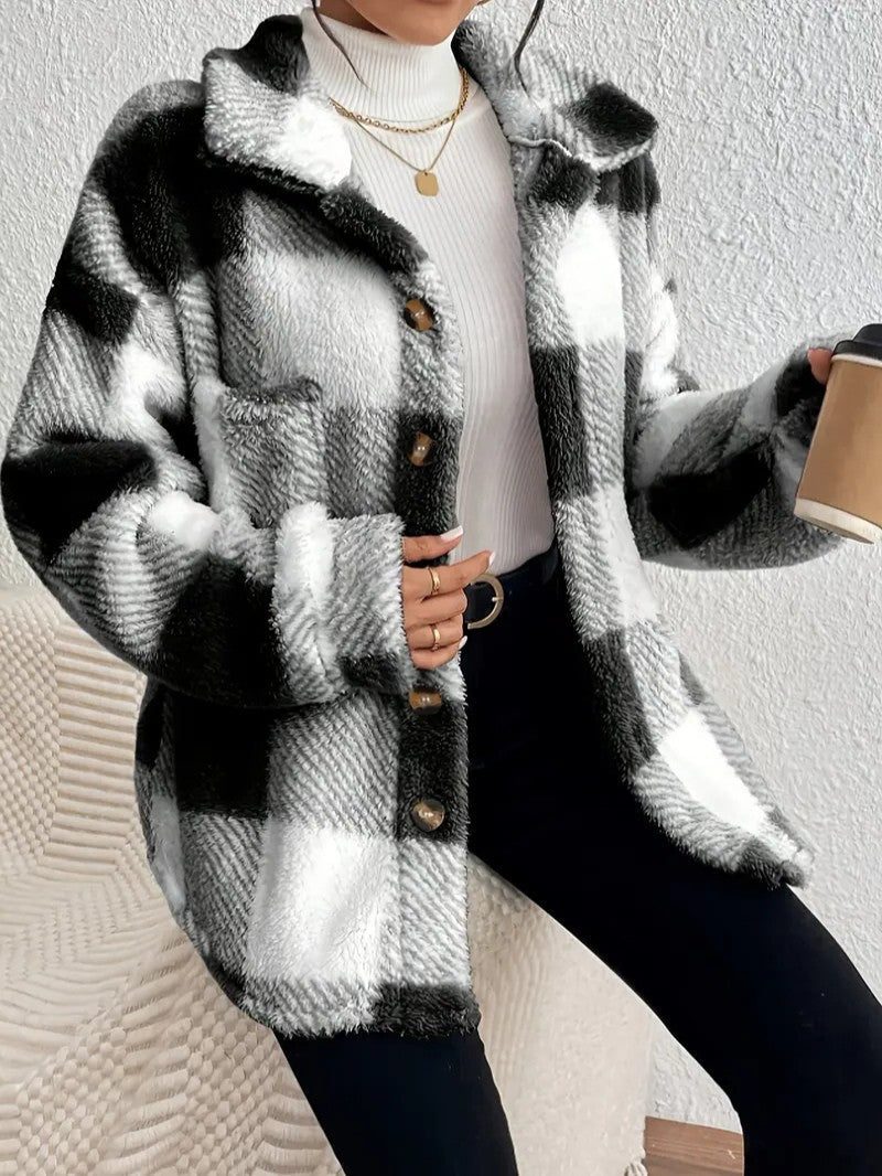 Oversized Plaid Button-Up Jacket for Women - View 8