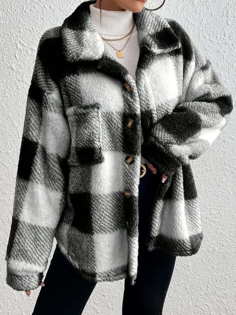 Oversized Plaid Button-Up Jacket for Women - View 9