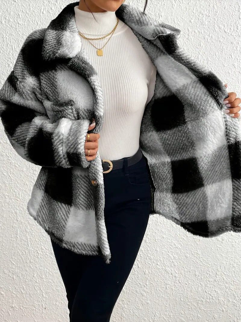 Oversized Plaid Button-Up Jacket for Women - View 10