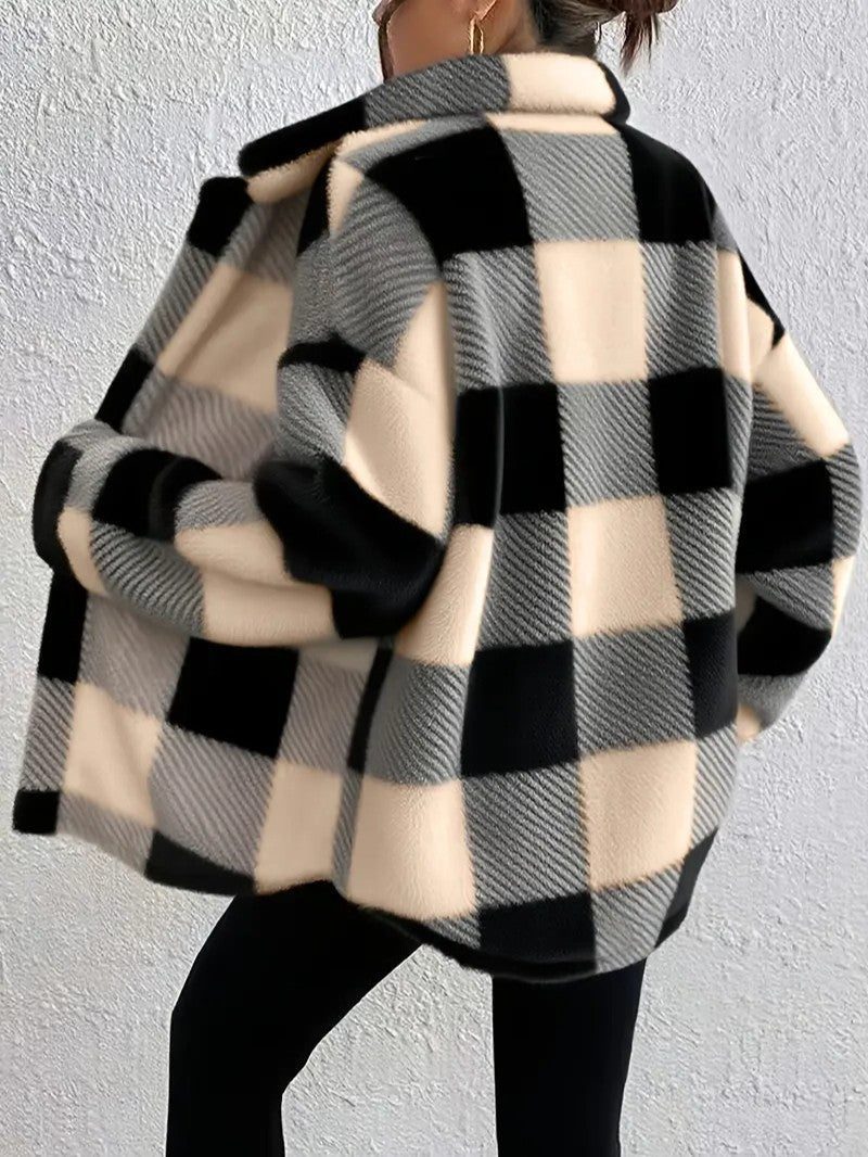 Oversized Plaid Button-Up Jacket for Women - View 12