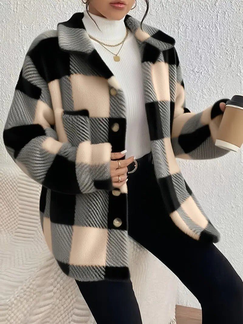 Oversized Plaid Button-Up Jacket for Women - View 13