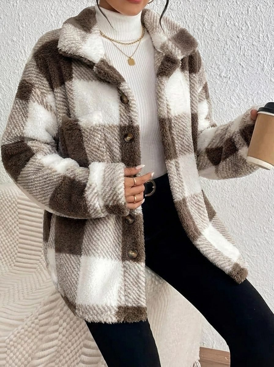 Oversized Plaid Button-Up Jacket for Women - View 16