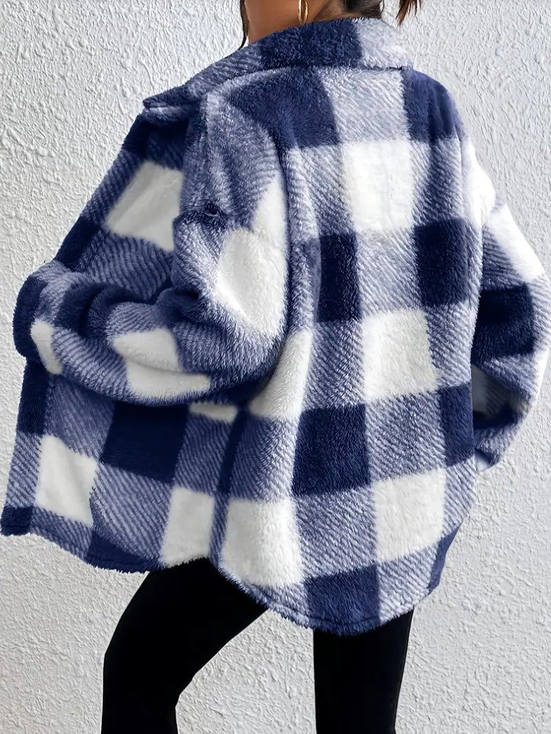 Oversized Plaid Button-Up Jacket for Women - View 18