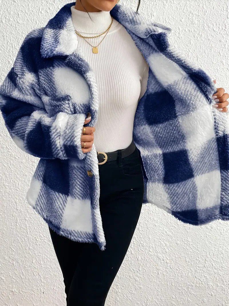 Oversized Plaid Button-Up Jacket for Women - View 19
