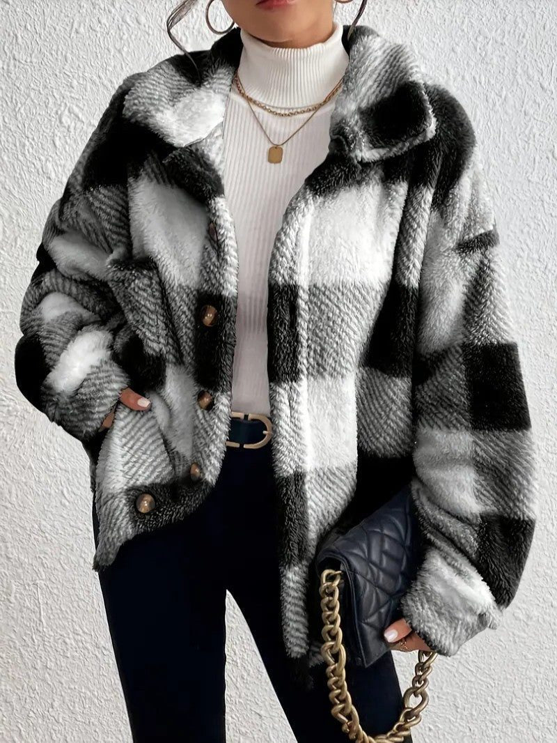 Oversized Plaid Button-Up Jacket for Women - Black
