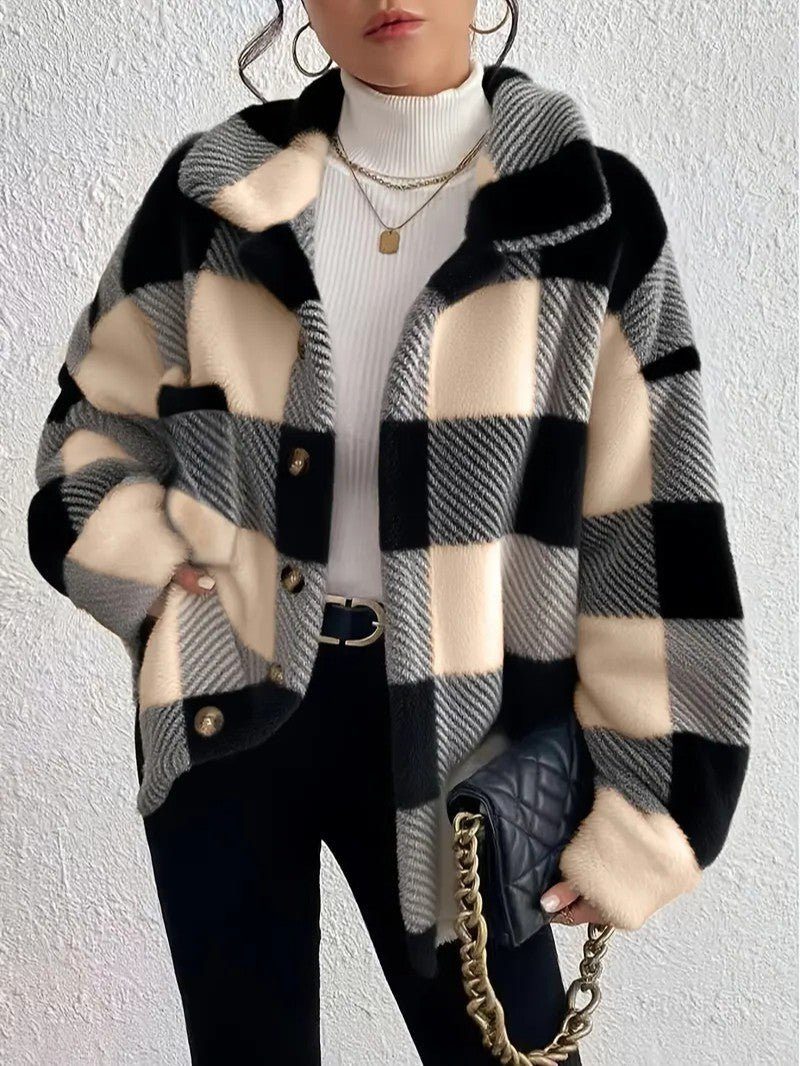 Oversized Plaid Button-Up Jacket for Women - Apricot