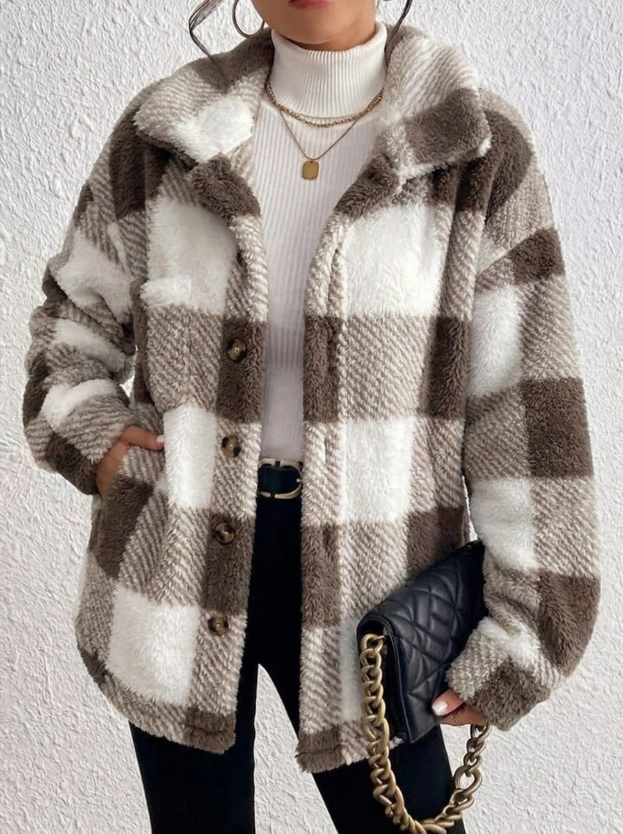 Oversized Plaid Button-Up Jacket for Women - Brown