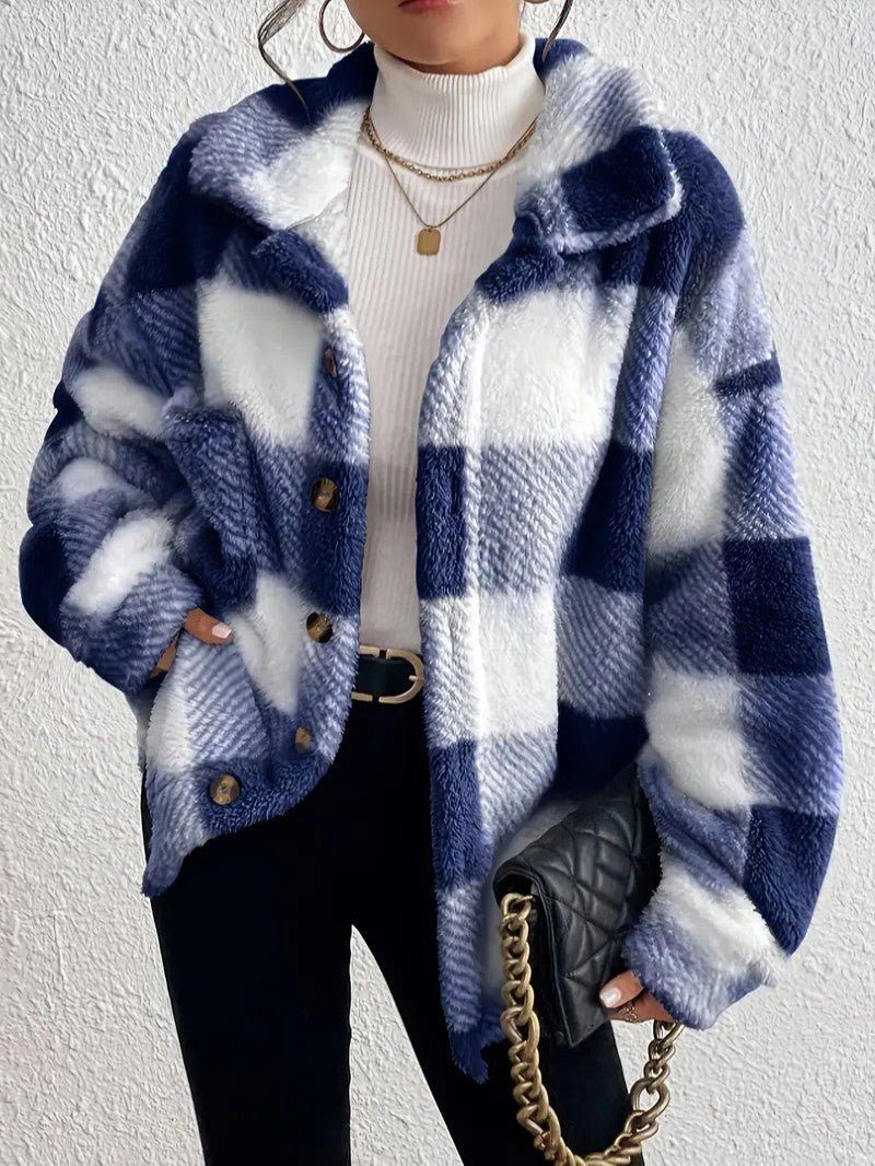 Oversized Plaid Button-Up Jacket for Women - Blue