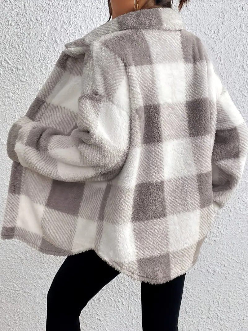 Oversized Plaid Button-Up Jacket for Women
