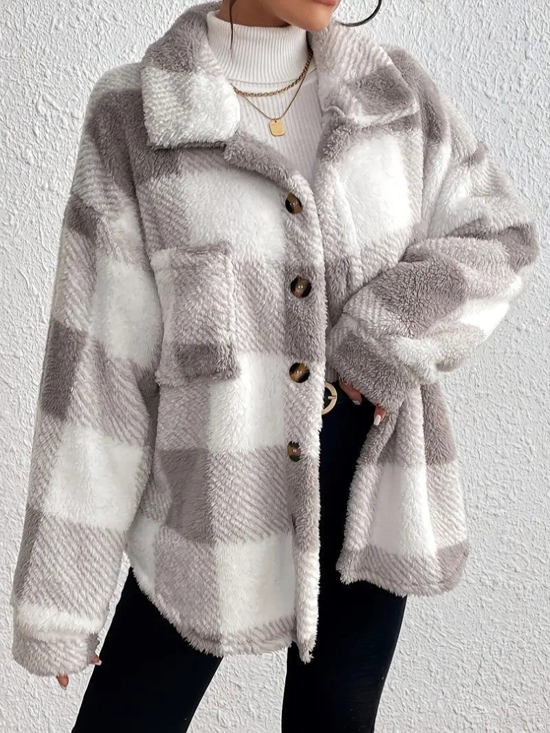 Oversized Plaid Button-Up Jacket for Women - View 3