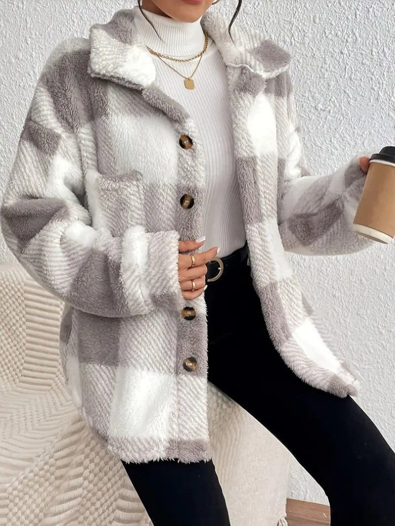 Oversized Plaid Button-Up Jacket for Women - View 4