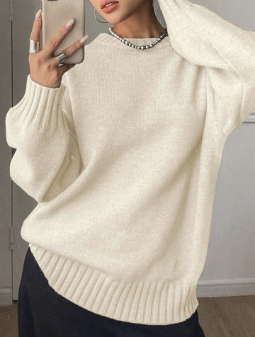 Oversized Ribbed Knit Cashmere Sweater for Women - Beige White
