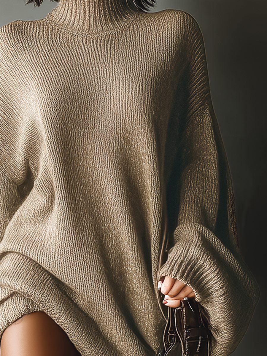 Oversized Ribbed Knit Roll Neck Mini Dress for Women - View 9
