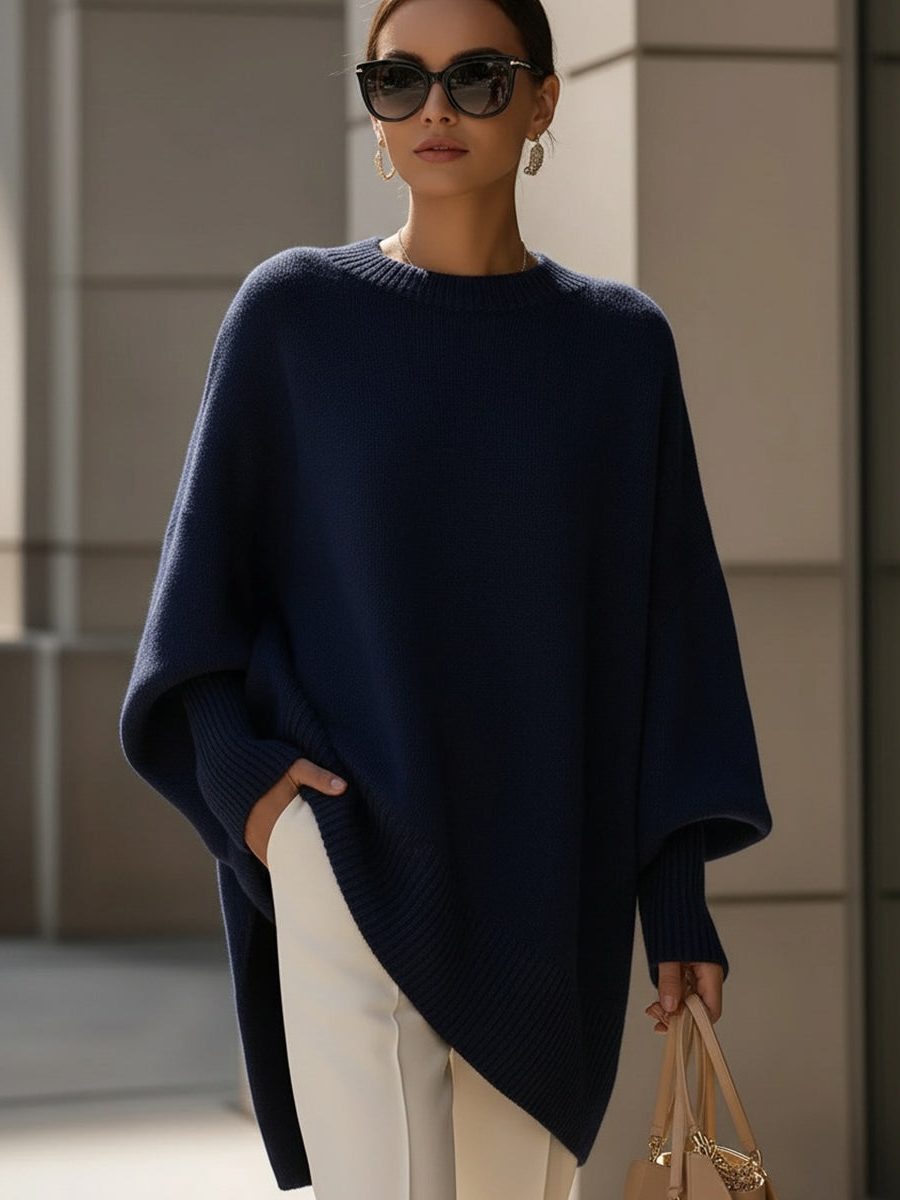 Oversized Ribbed Knit Sweater for Women - Navy Blue