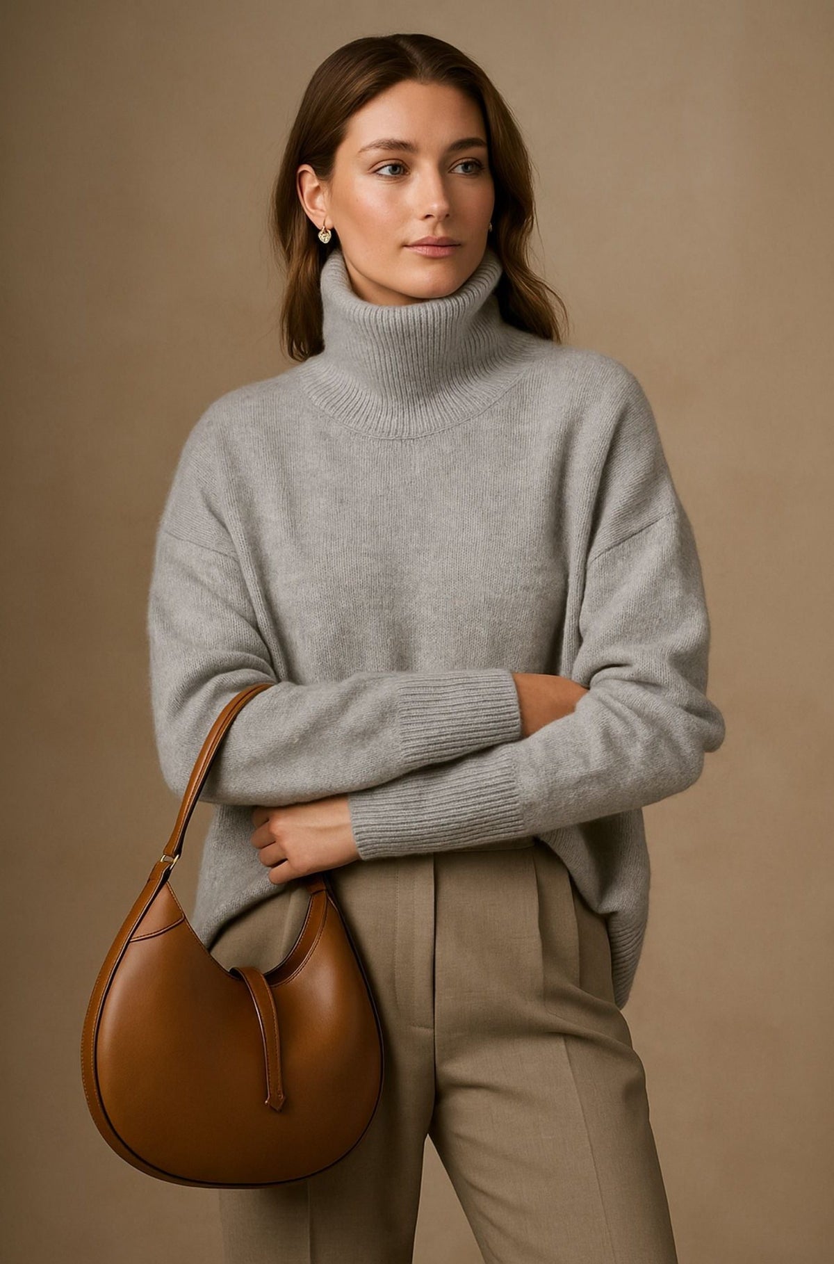 Oversized Roll Neck Cashmere Sweater for Women - Gray