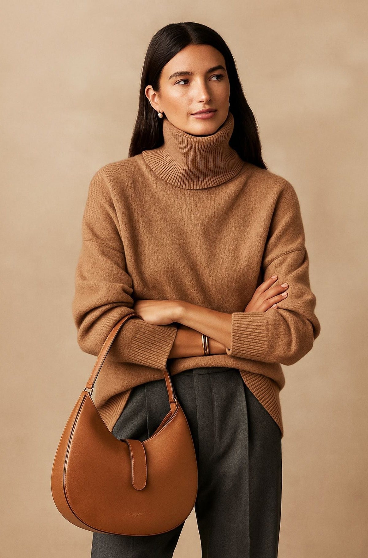 Oversized Roll Neck Cashmere Sweater for Women - Khaki