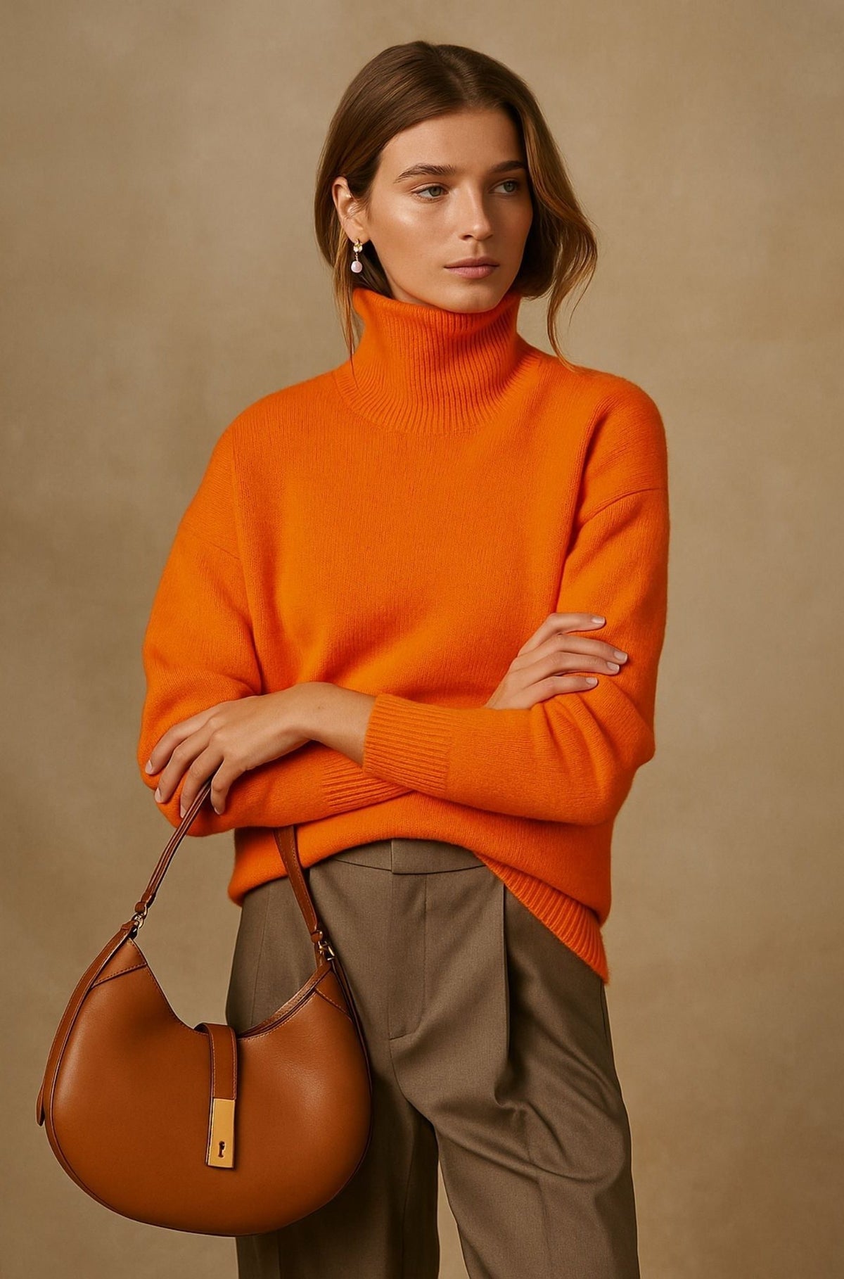 Oversized Roll Neck Cashmere Sweater for Women - Orange