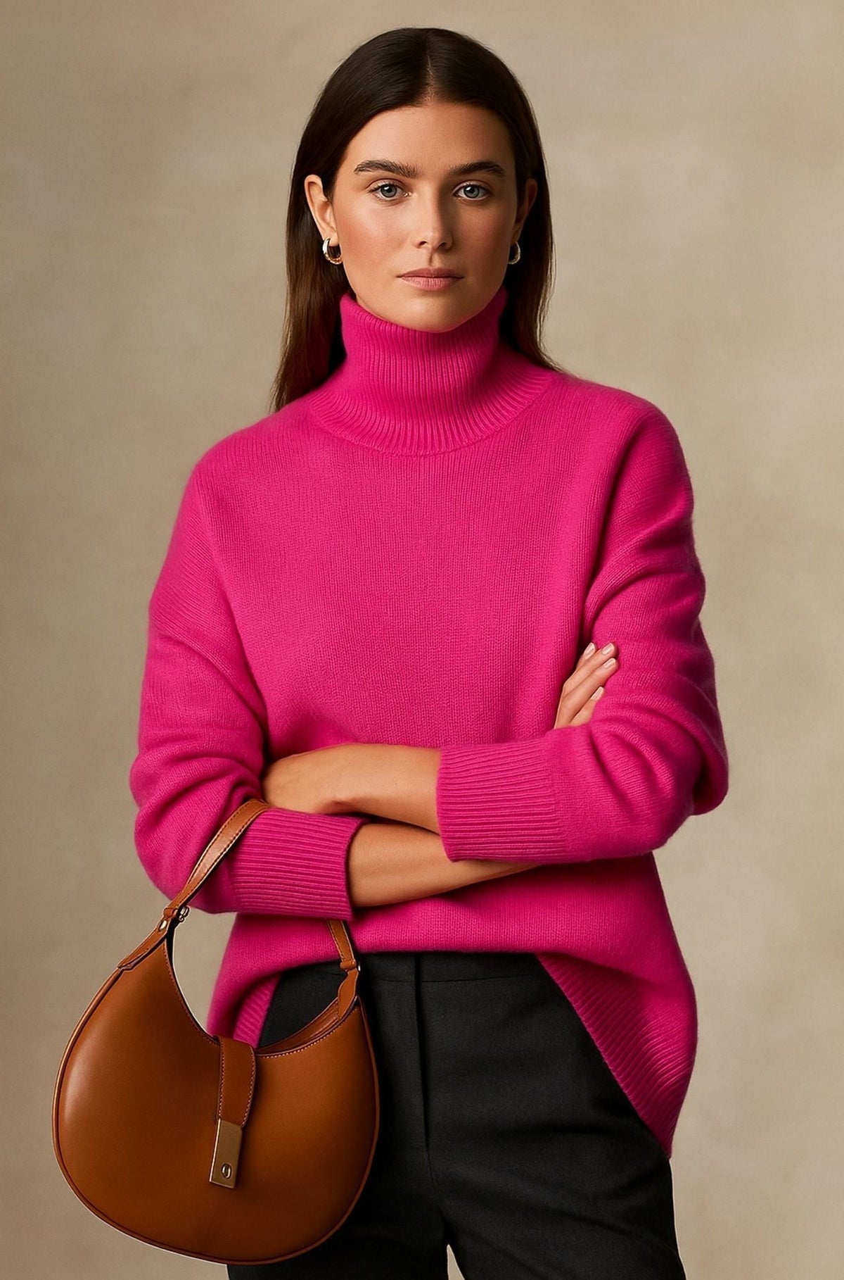 Oversized Roll Neck Cashmere Sweater for Women - Pink
