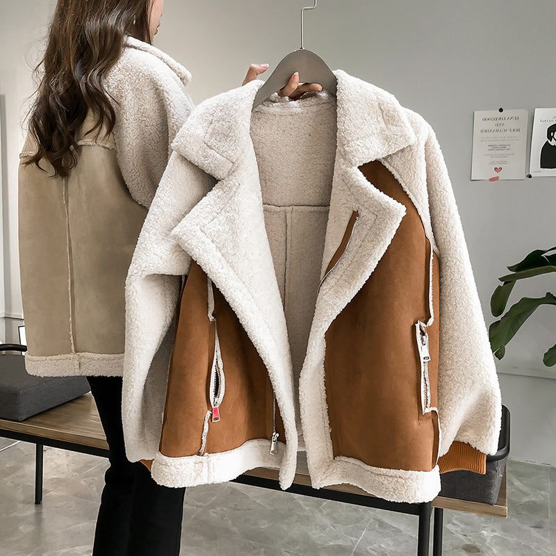 Oversized Sherpa-Lined Zip-Up Jacket for Women - Bronze