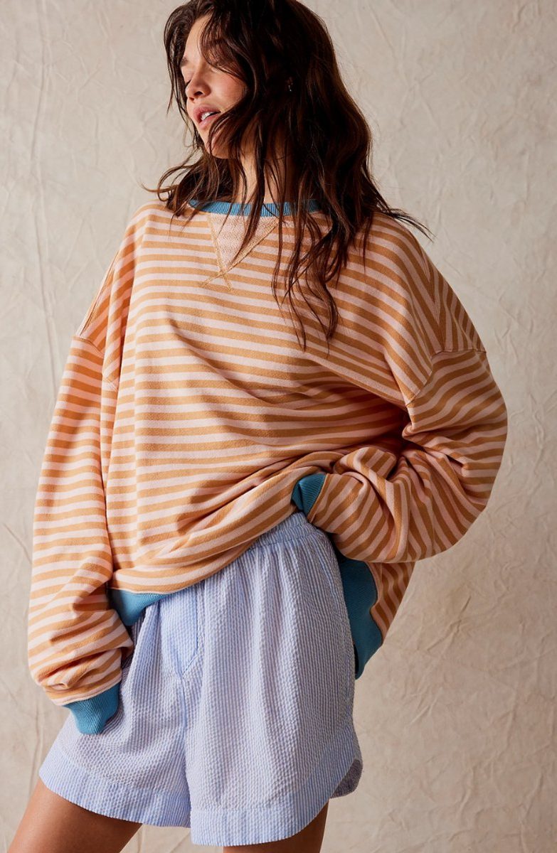 Oversized Striped Long-Sleeve Pullover for Women - Orange Stripes