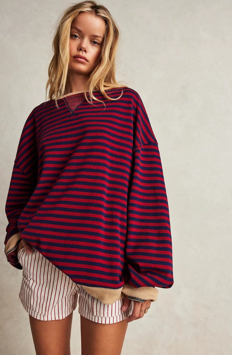 Oversized Striped Long-Sleeve Pullover for Women - Black & Red