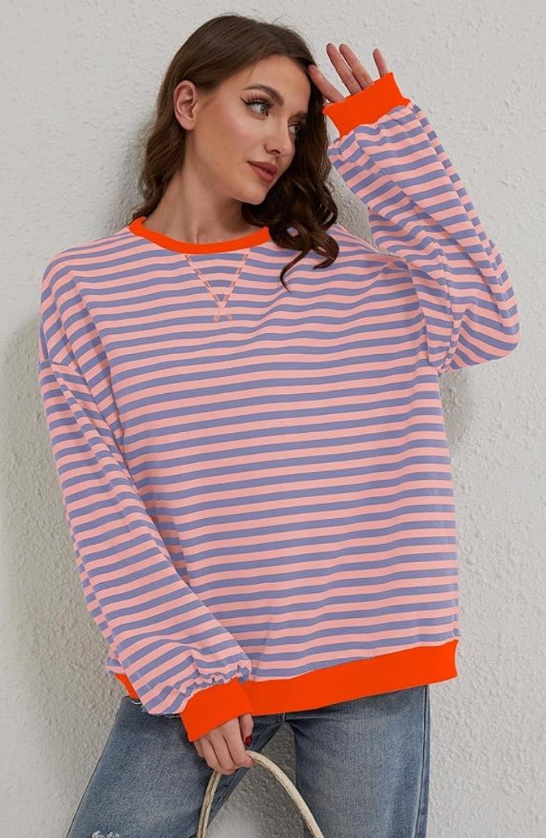 Oversized Striped Long-Sleeve Pullover for Women - Orange & Blue