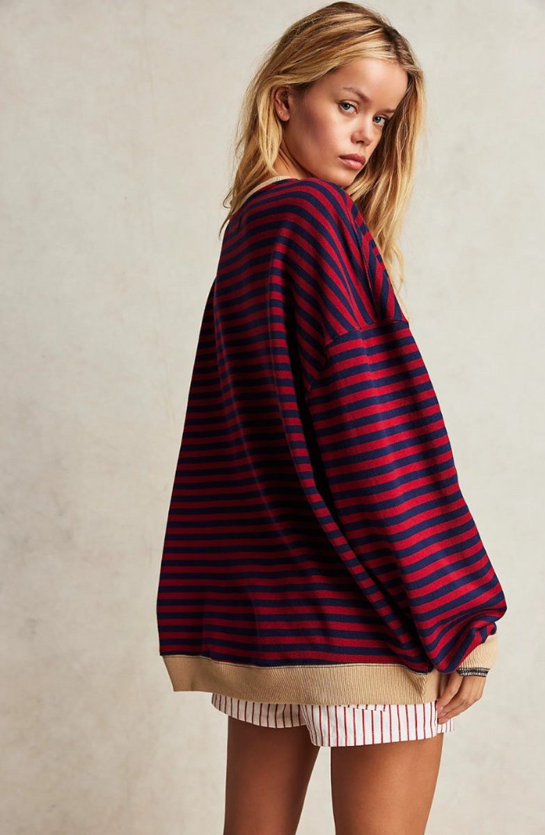 Oversized Striped Long-Sleeve Pullover for Women - View 6