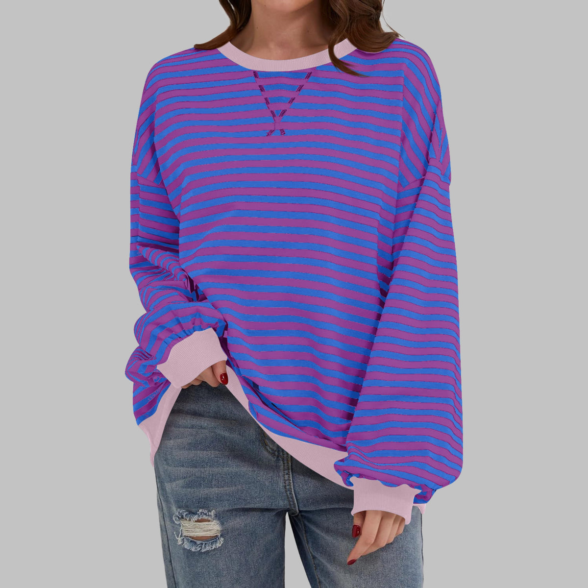 Oversized Striped Long Sleeve Sweatshirt for Women - View 10